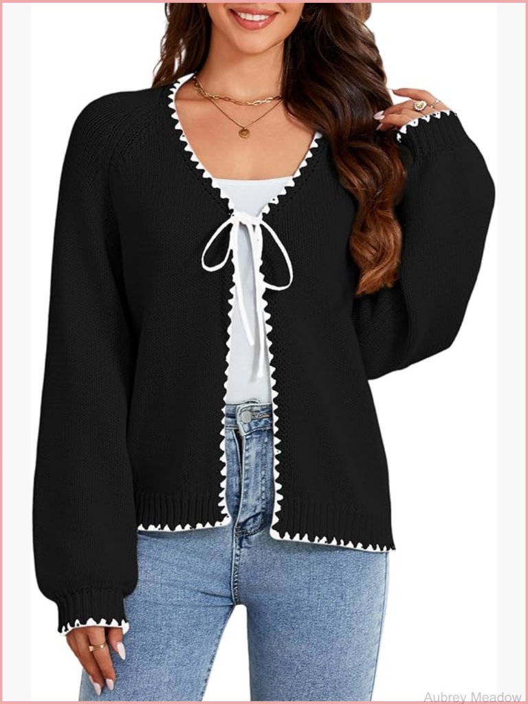Tie Front V Neck Chunky Knit Cardigan Long Sleeve Open Front